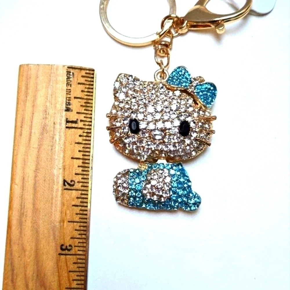 Hello Kitty Rhinestone Keychain Azure Blue and Gold Tone